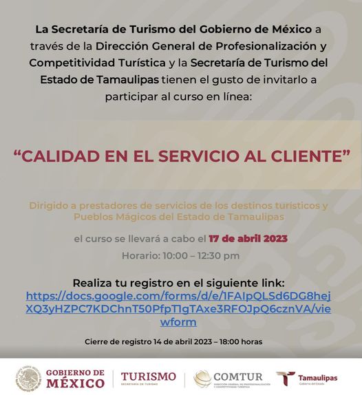 Invitan a prestadores de servicios turísticos de Tamaulipas a curso en línea sobre calidad en el servicio al&nbsp;cliente.