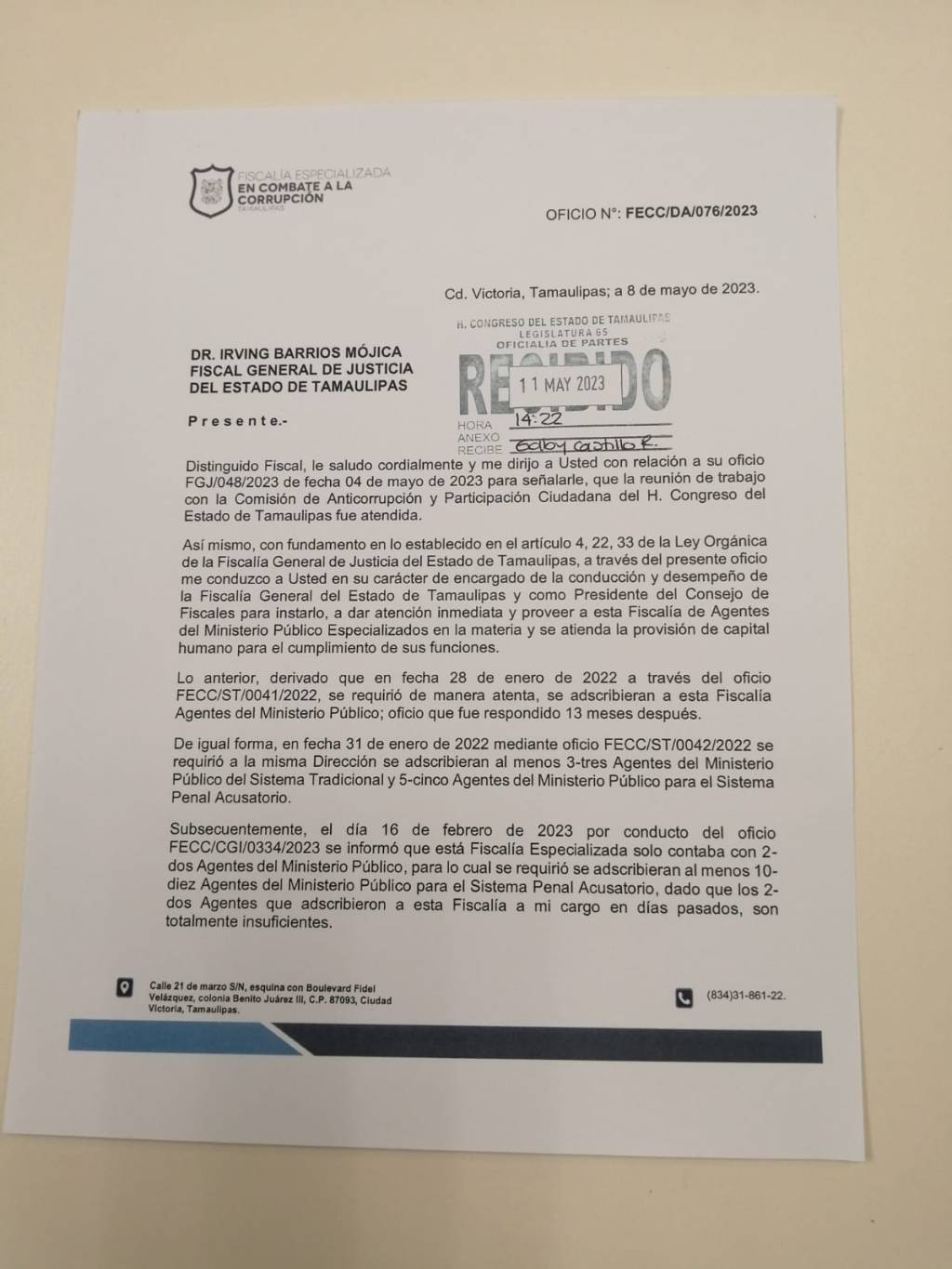 Culpa Fiscal Anticorrupción a medios sobre riesgo a su seguridad, pide guaruras, armas y camioneta&nbsp;blindada