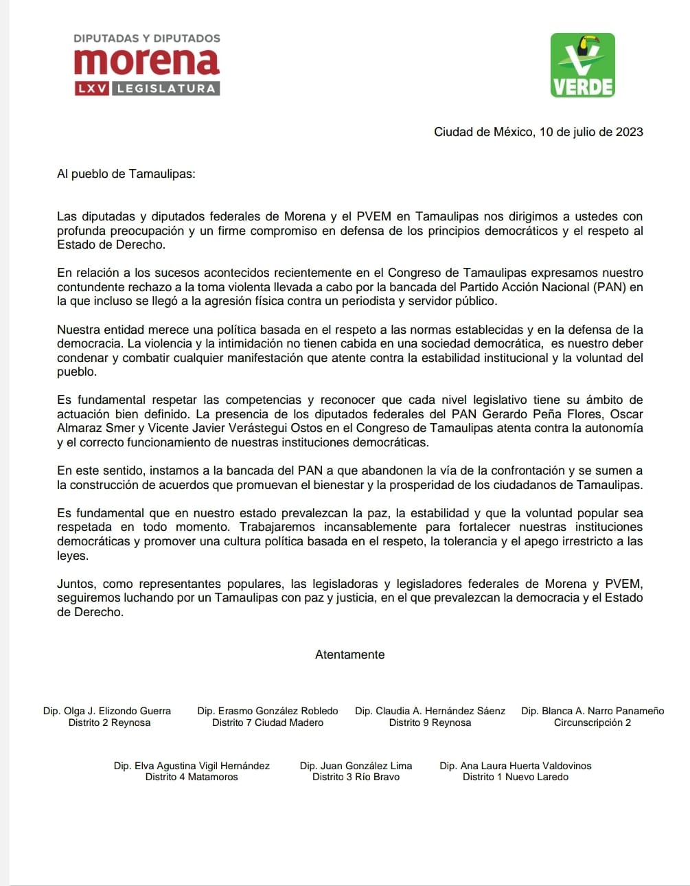 Diputados federales de Morena y Partido Verde condenan la toma violenta del Congreso de Tamaulipas y defienden la&nbsp;democracia