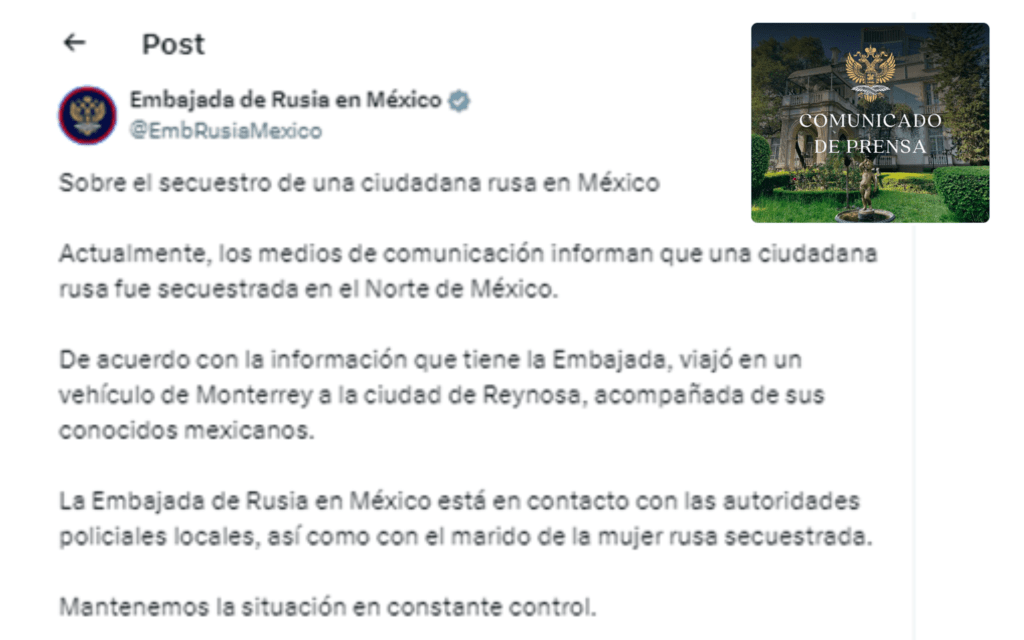 Alerta por Secuestro de Ciudadana Rusa en la Carretera Monterrey-Reynosa
