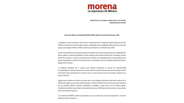 Denuncia Morena complicidad PRIAN-IETAM; pedirá remoción del Consejo al&nbsp;INE