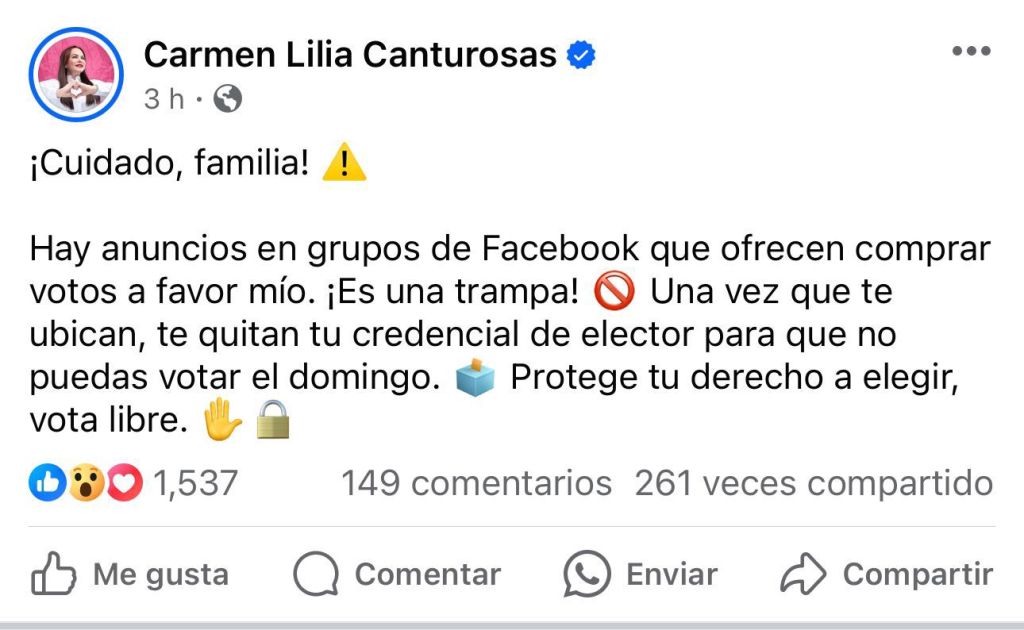 ALERTA CARMEN LILIA CANTUROSAS POR ROBO DE CREDENCIALES DE ELECTOR A TRAVÉS DE&nbsp;FACEBOOK