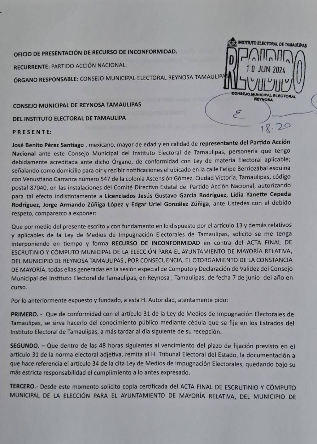 Solicita PAN impugnar elección municipal en&nbsp;Reynosa