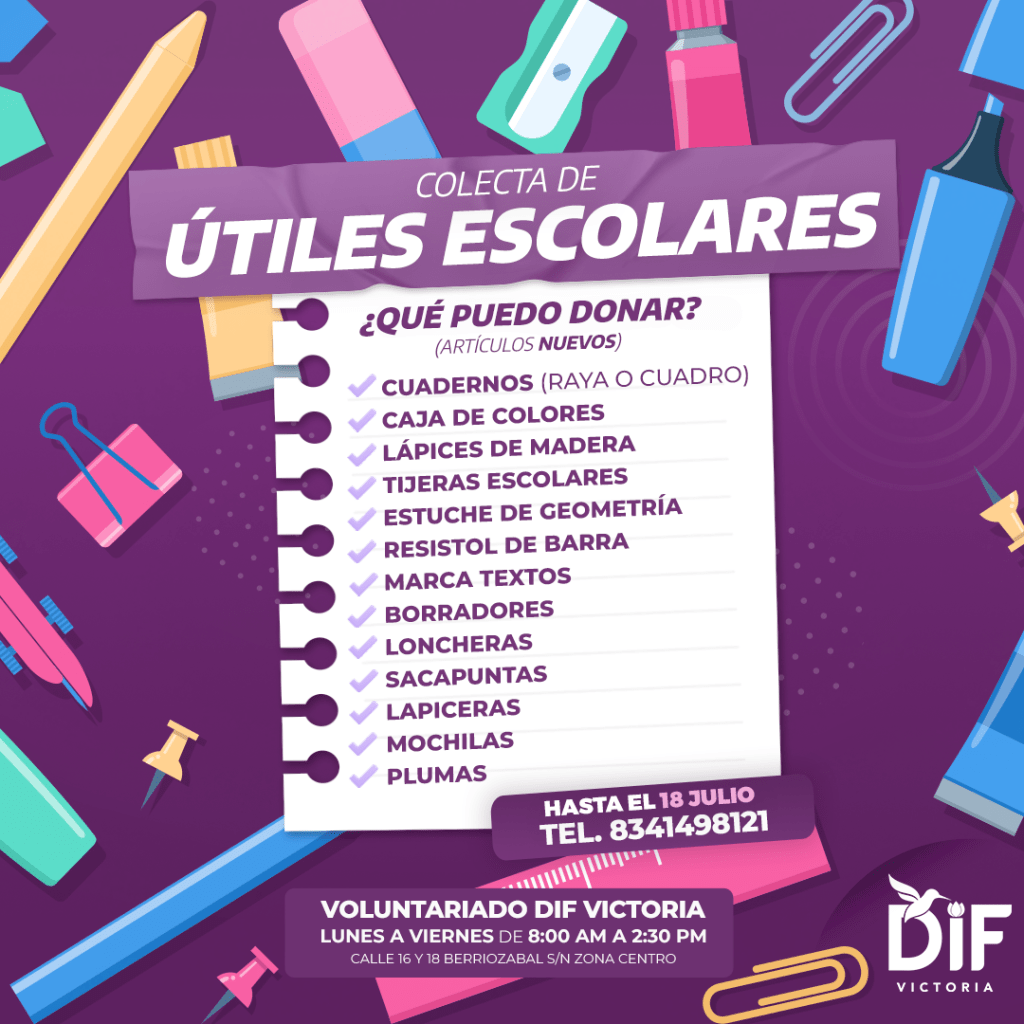 Invita DIF Victoria a la donación de útiles escolares para niñas y niños ensituación&nbsp;vulnerable.