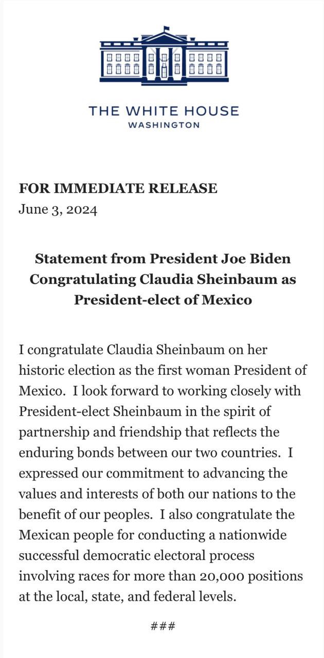 Joe Biden felicita a Claudia Sheinbaum por su elección&nbsp;«histórica»