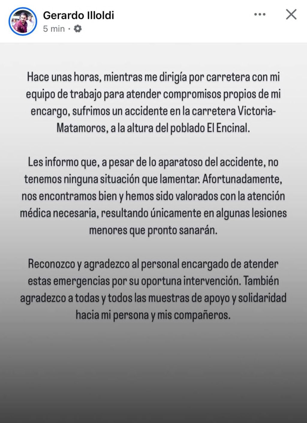 El secretario del Trabajo sufre accidente en carretera Victoria-Matamoros