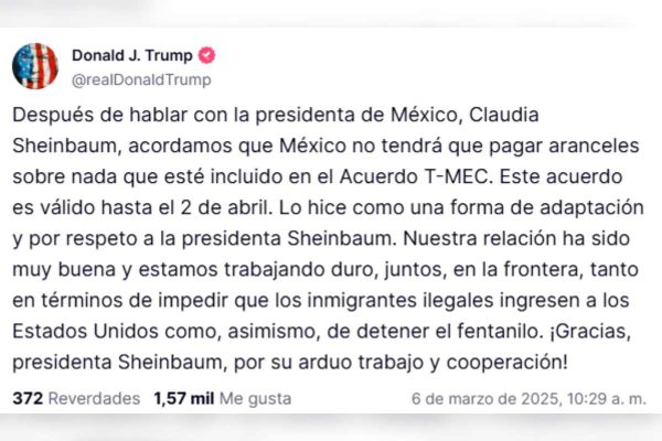 Sheinbaum y Trump acuerdan pausa en aranceles hasta&nbsp;abril