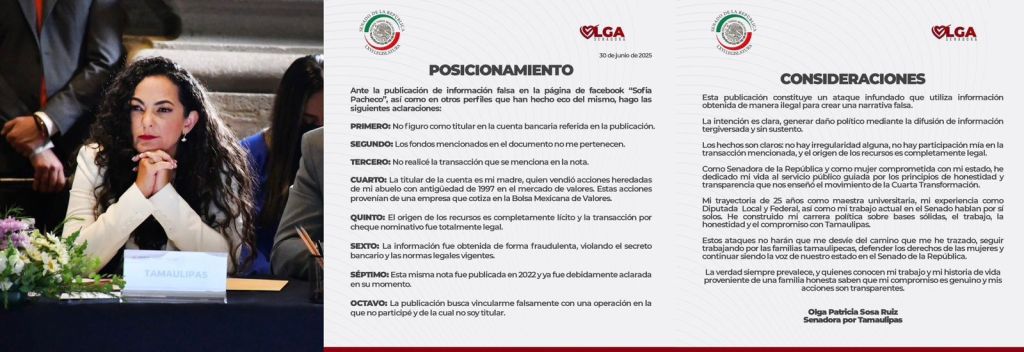 Senadora de Tamaulipas aclara información financiera para desmentir señalamientos; denuncia ataque&nbsp;político